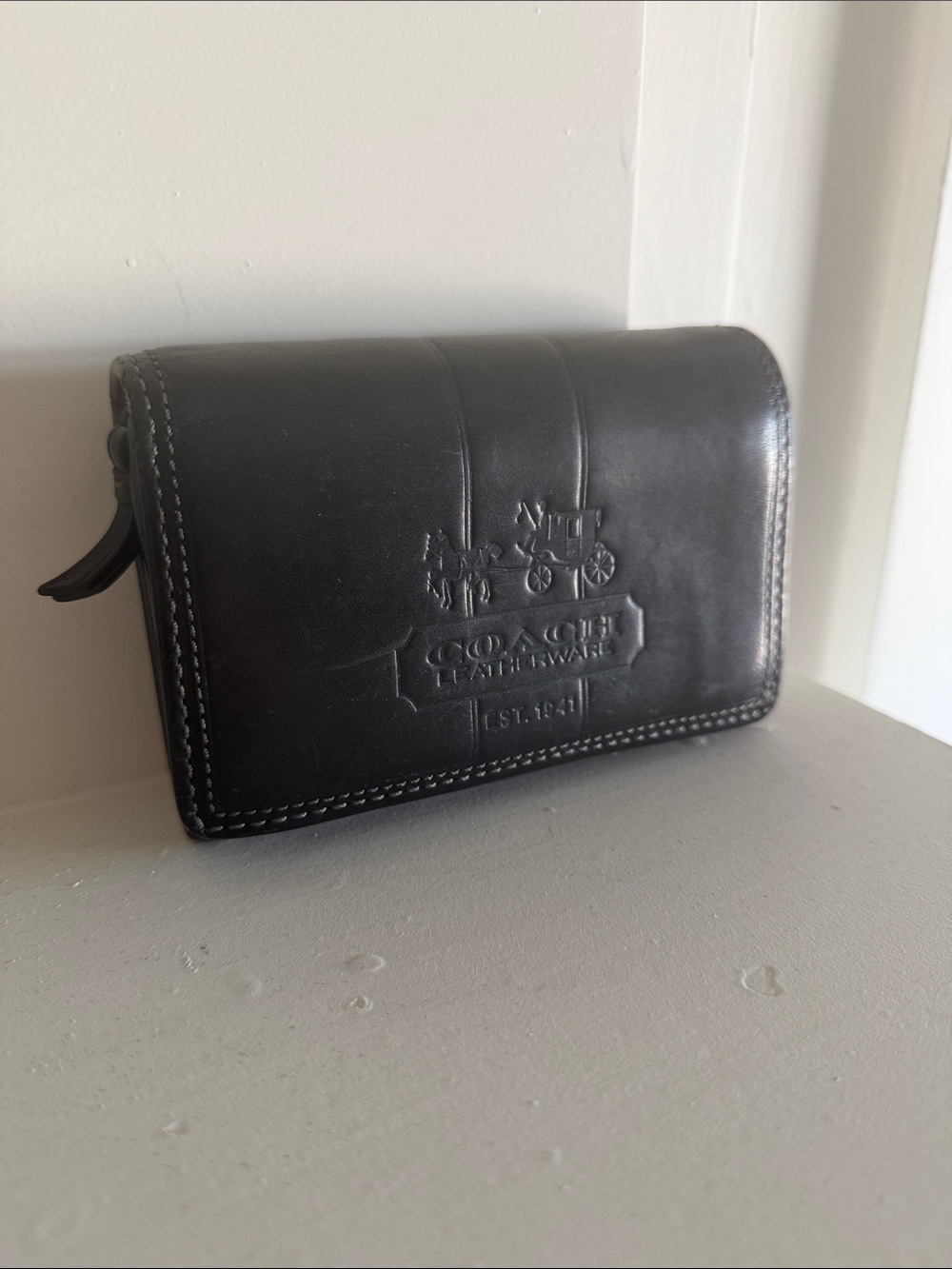 Coach Black Leather Embossed Zip Wallet
